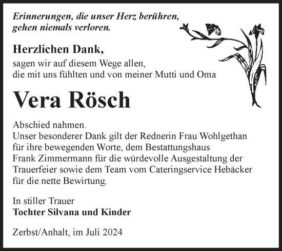 Traueranzeige von Vera Rösch von Volksstimme Zerbst
