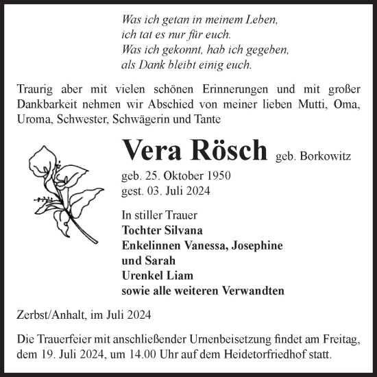 Traueranzeige von Vera Rösch von Volksstimme Zerbst