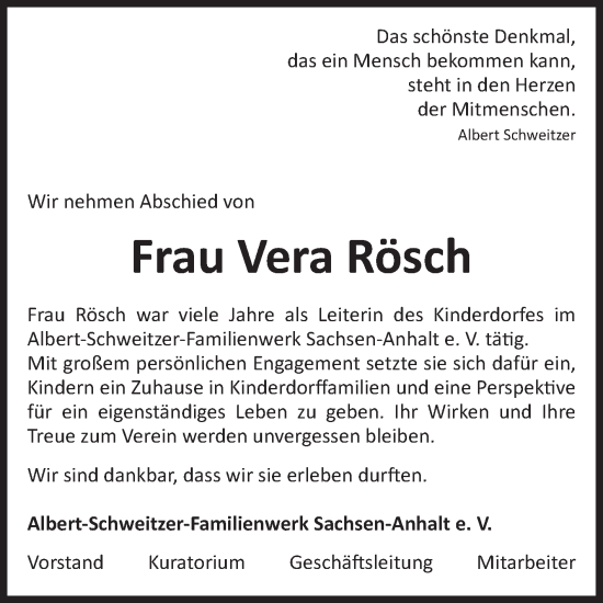 Traueranzeige von Vera Rösch von Volksstimme Zerbst