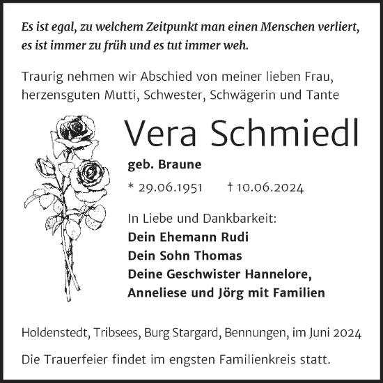Traueranzeige von Vera Schmied von Trauerkombi Sangerhausen