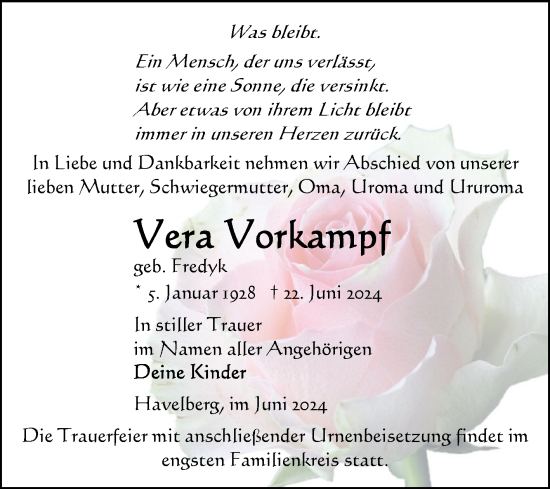 Traueranzeige von Vera Vorkampf von Volksstimme Altmark Ost