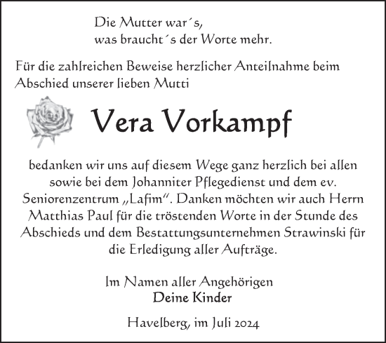 Traueranzeige von Vera Vorkampf von Volksstimme Altmark Ost