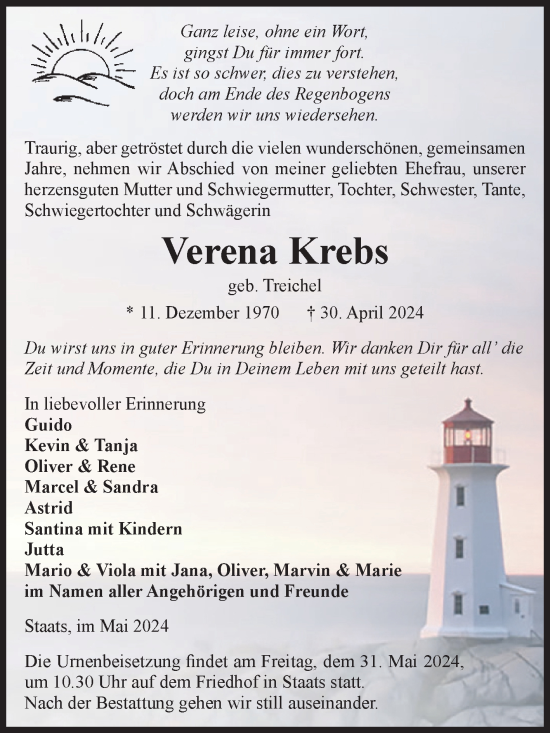 Traueranzeige von Verena Krebs von Volksstimme Altmark Ost