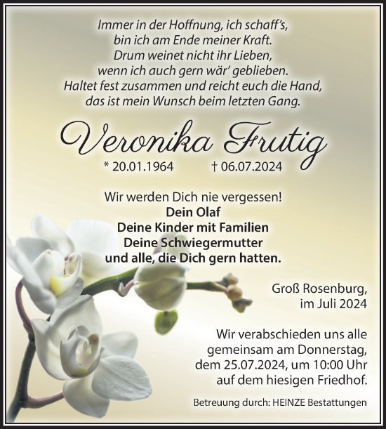 Traueranzeige von Veronika Frutig von Volksstimme Schönebeck