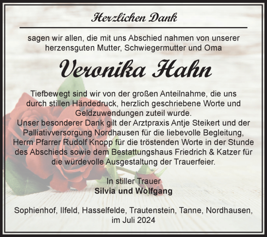 Traueranzeige von Veronika Hahn von Volksstimme Wernigerode
