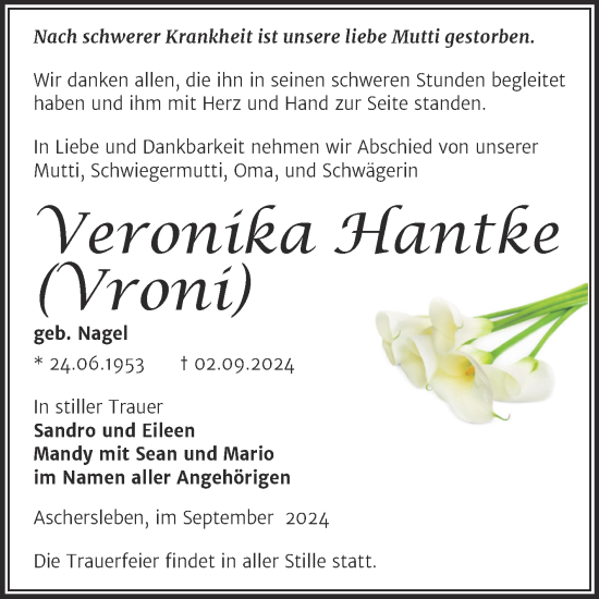 Traueranzeige von Veronika Hantke von Trauerkombi Aschersleben