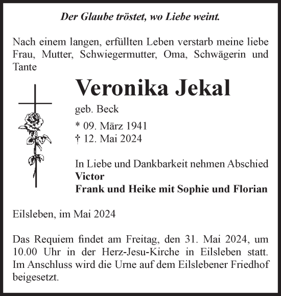 Traueranzeige von Veronika Jekal von Volksstimme Oschersleben/Wanzleben
