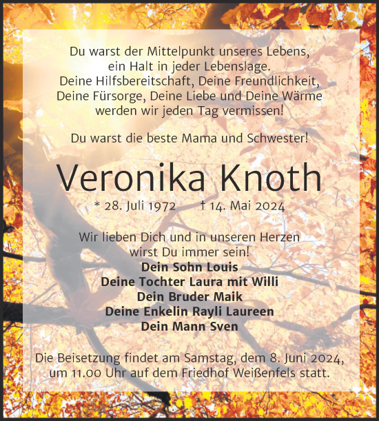 Traueranzeige von Veronika Knoth von Trauerkombi Weißenfels