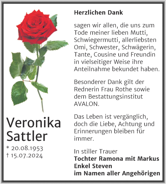 Traueranzeige von Veronika Sattler von Mitteldeutsche Zeitung Halle/Saalkreis