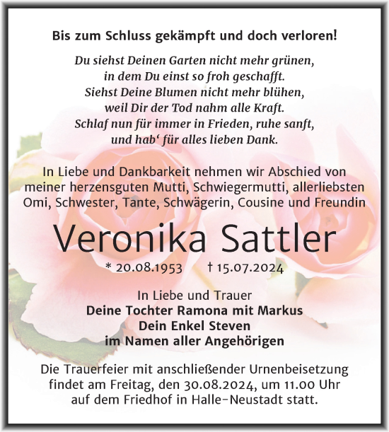 Traueranzeige von Veronika Sattler von Mitteldeutsche Zeitung Halle/Saalkreis