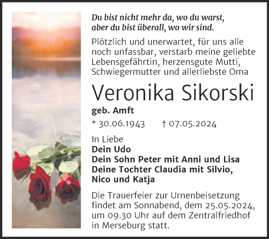 Traueranzeige von Veronika Sikorski von Trauerkombi Merseburg
