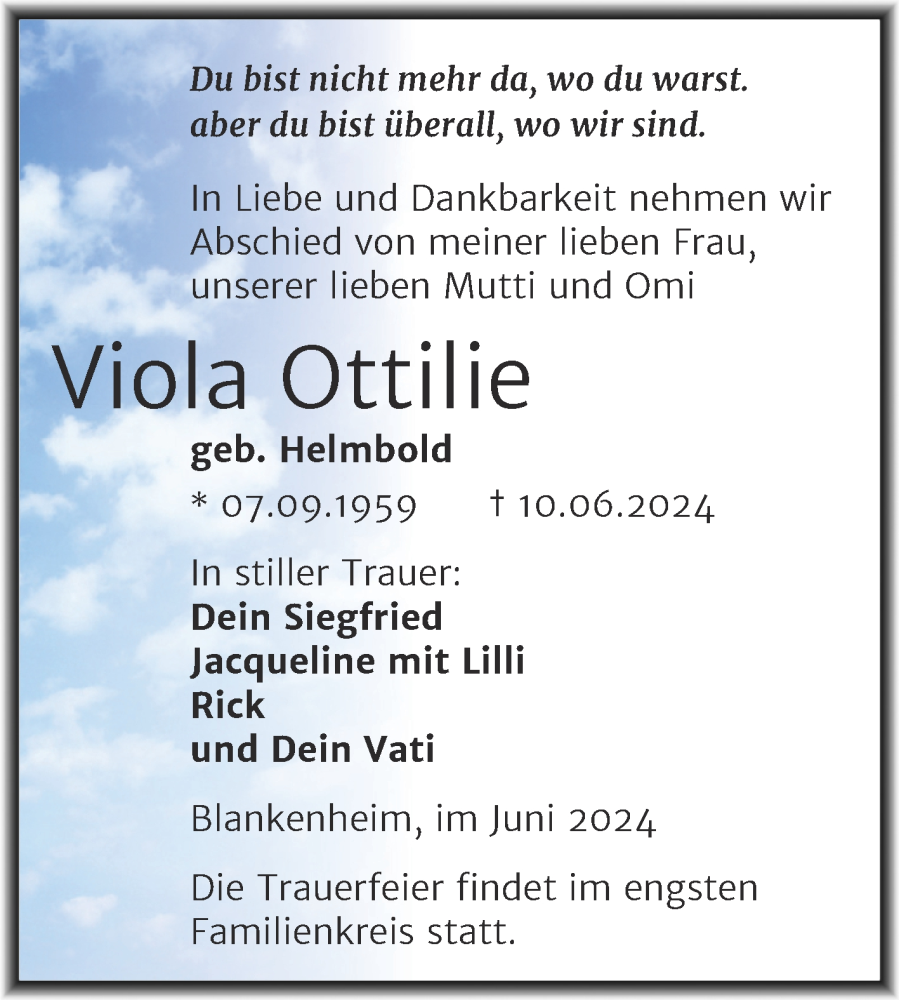  Traueranzeige für Viola Ottilie vom 15.06.2024 aus Trauerkombi Sangerhausen