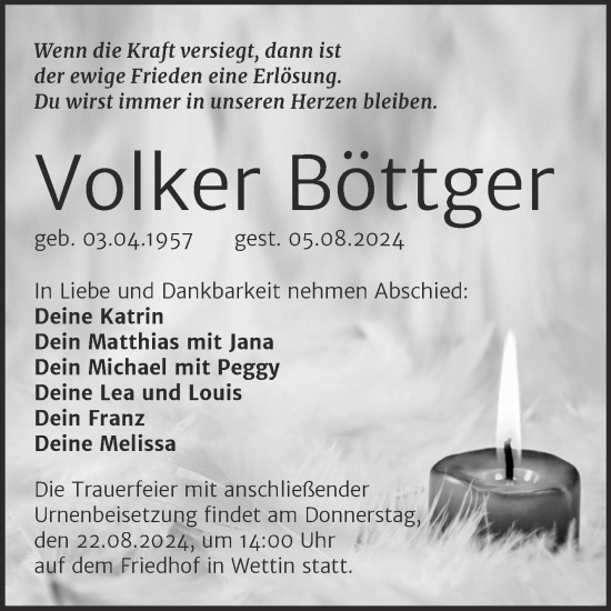 Traueranzeige von Volker Böttger von Mitteldeutsche Zeitung Halle/Saalkreis