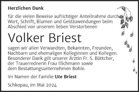 Traueranzeige von Volker Briest von Trauerkombi Merseburg
