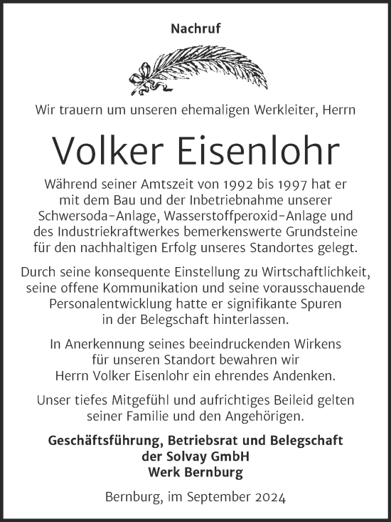Traueranzeige von Volker Eisenlohr von Mitteldeutsche Zeitung Bernburg