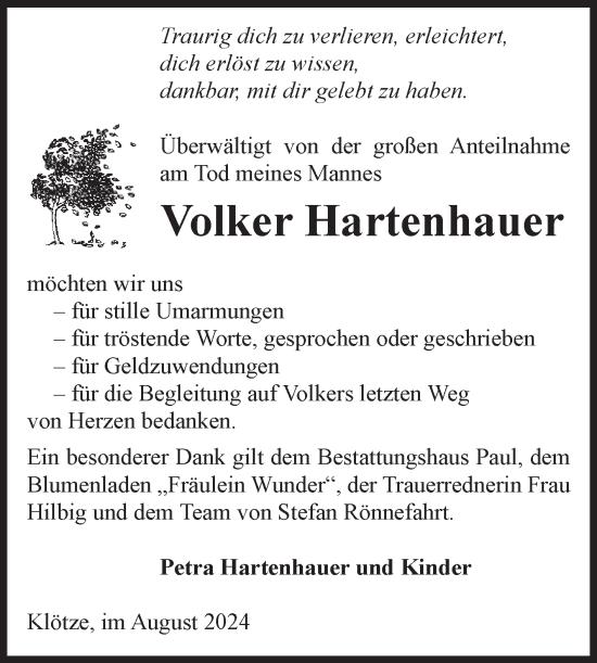 Traueranzeige von Volker Hartenhauer von Volksstimme Altmark West