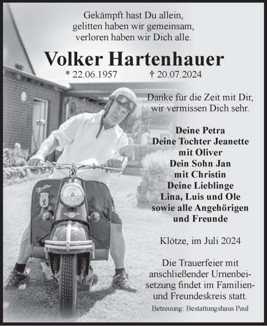 Traueranzeige von Volker Hartenhauer von Volksstimme Altmark West