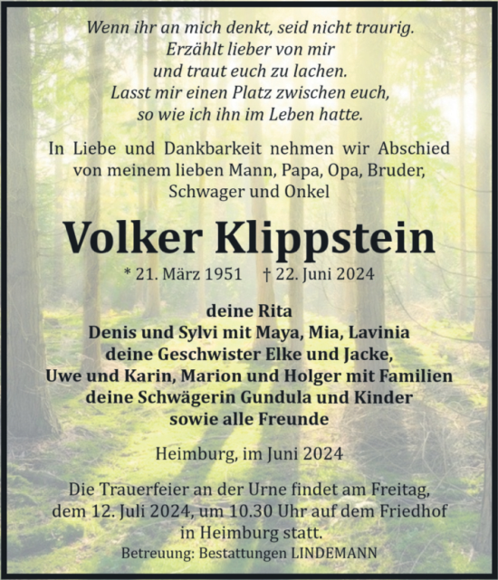 Traueranzeige von Volker Klippstein von Volksstimme Wernigerode