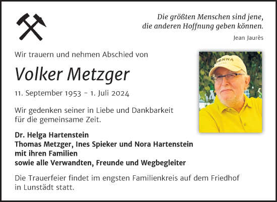 Traueranzeige von Volker Metzger von Trauerkombi Merseburg