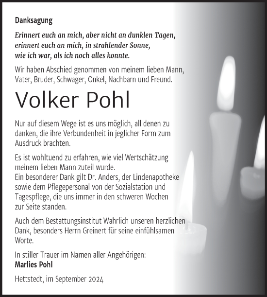 Traueranzeige von Volker Pohl von Trauerkombi Mansfelder Land