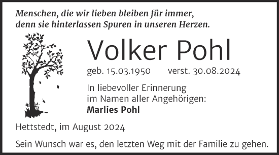 Traueranzeige von Volker Pohl von Trauerkombi Mansfelder Land