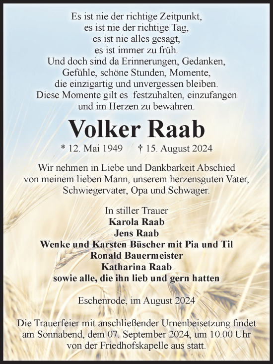 Traueranzeige von Volker Raab von Volksstimme Haldensleben/Wolmirstedt