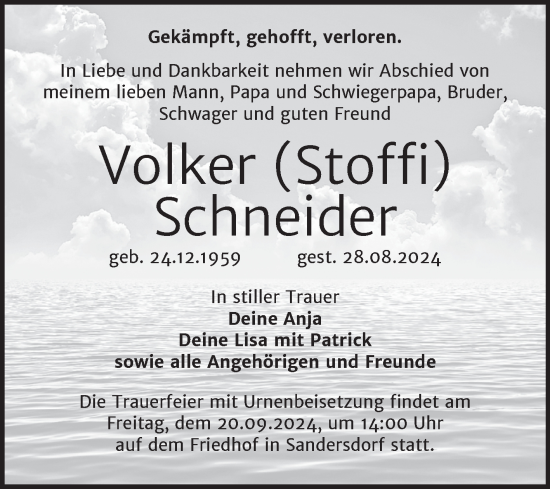 Traueranzeige von Volker Schneider von Trauerkombi Bitterfeld