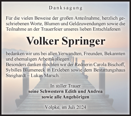 Traueranzeige von Volker Springer von Volksstimme Oschersleben/Wanzleben