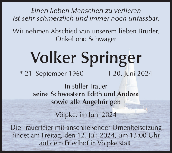 Traueranzeige von Volker Springer von Volksstimme Oschersleben/Wanzleben