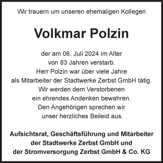 Traueranzeige von Volkmar Polzin von Volksstimme Zerbst