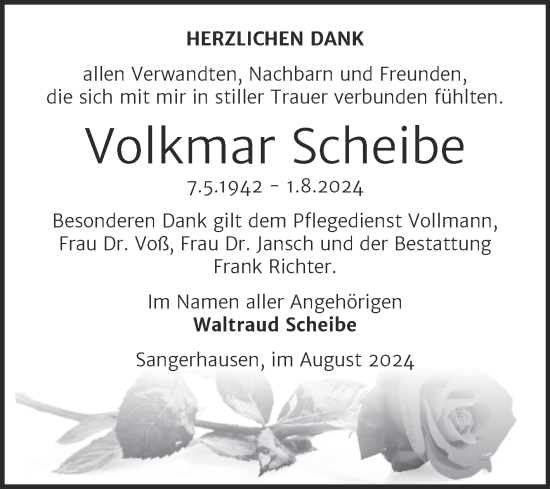 Traueranzeige von Volkmar Scheibe von Trauerkombi Sangerhausen