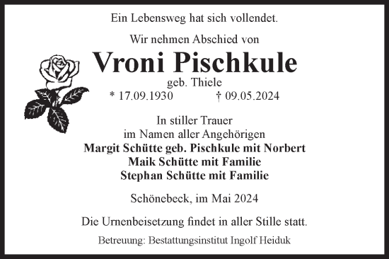 Traueranzeige von Vroni Pischkule von Volksstimme Schönebeck