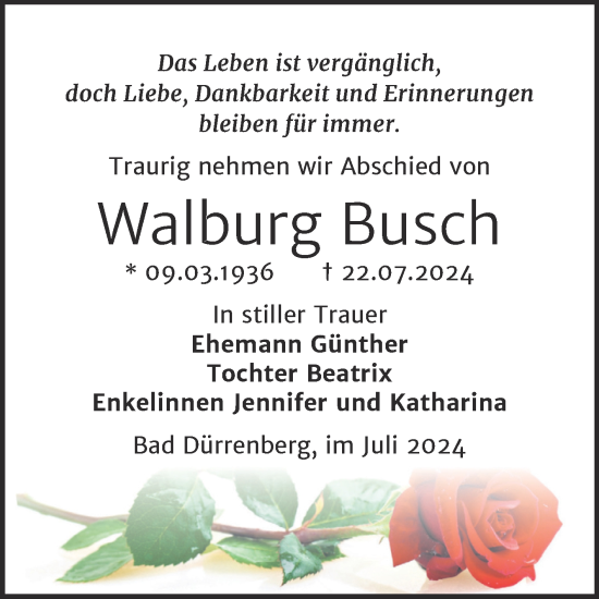 Traueranzeige von Walburg Busch von Trauerkombi Merseburg