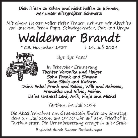 Traueranzeige von Waldemar Brandt von Volksstimme Staßfurt