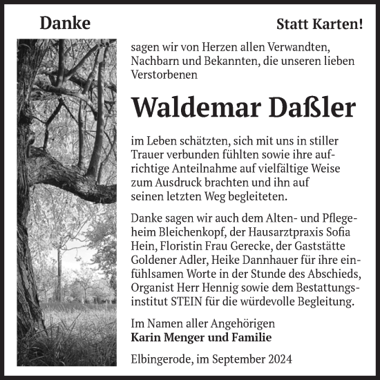 Traueranzeige von Waldemar Daßler von Volksstimme Wernigerode