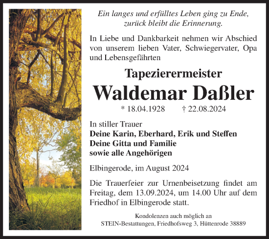 Traueranzeige von Waldemar Daßler von Volksstimme Wernigerode