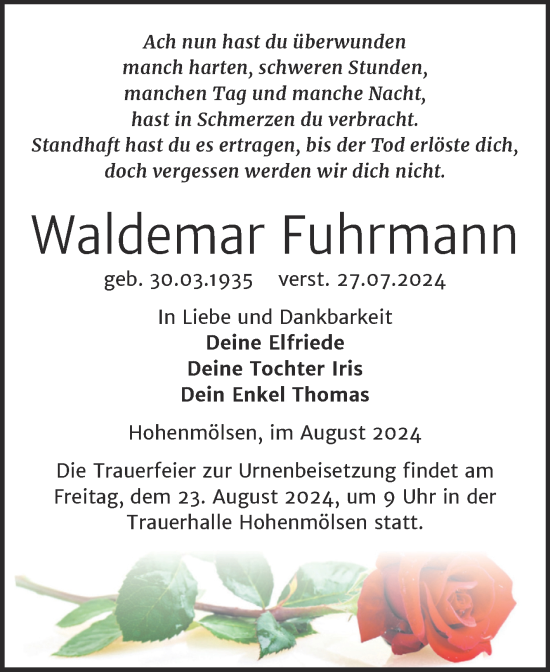 Traueranzeige von Waldemar Fuhrmann von Trauerkombi Weißenfels