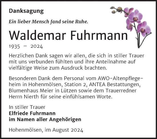 Traueranzeige von Waldemar Fuhrmann von Trauerkombi Weißenfels