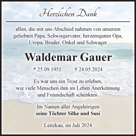 Traueranzeige von Waldemar Gauer von Volksstimme Zerbst