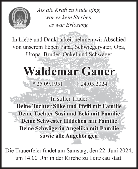 Traueranzeige von Waldemar Gauer von Volksstimme Burg/Genthin