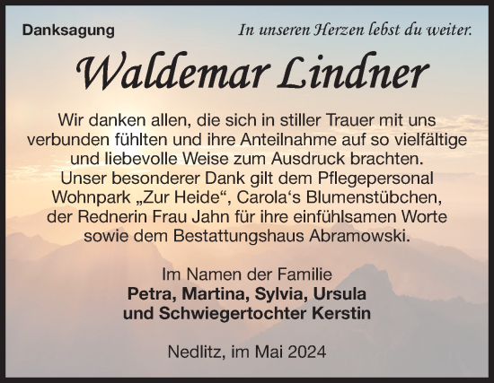 Traueranzeige von Waldemar Lindner von Volksstimme Burg/Genthin