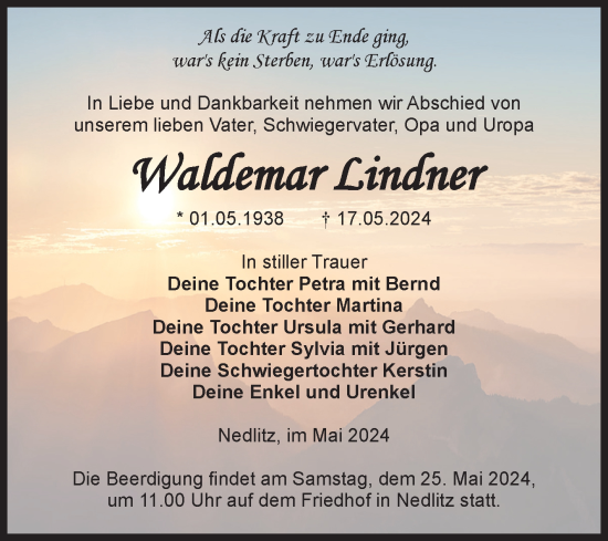Traueranzeige von Waldemar Lindner von Volksstimme Burg/Genthin