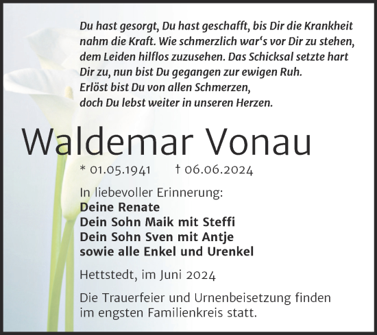 Traueranzeige von Waldemar Vonau von Trauerkombi Mansfelder Land