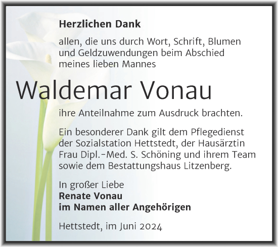 Traueranzeige von Waldemar Vonau von Trauerkombi Mansfelder Land