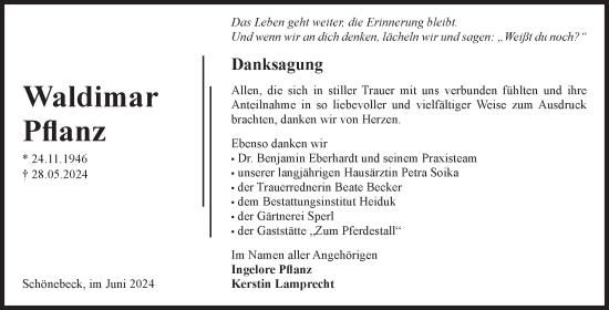 Traueranzeige von Waldimar Pflanz von Volksstimme Schönebeck