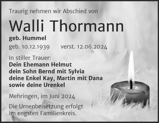 Traueranzeige von Walli Thormann von Trauerkombi Aschersleben
