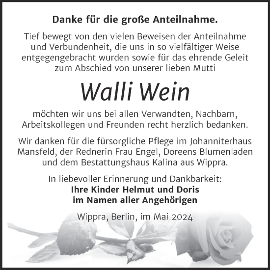 Traueranzeige von Walli Wein von Trauerkombi Mansfelder Land