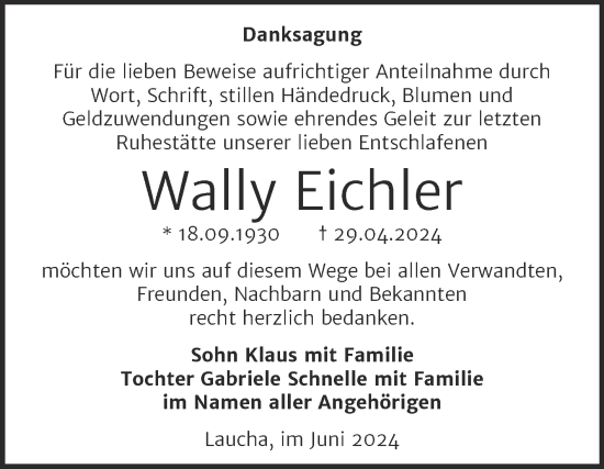 Traueranzeige von Wally Eichler von Super Sonntag Naumburg/Nebra