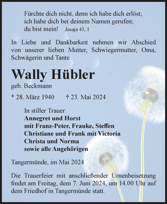 Traueranzeige von Wally Hübler von Volksstimme Altmark Ost