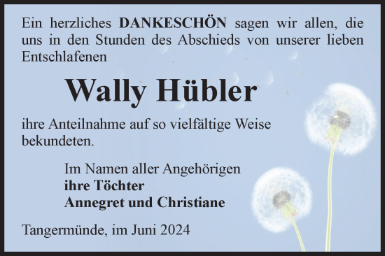 Traueranzeige von Wally Hübler von Volksstimme Altmark Ost